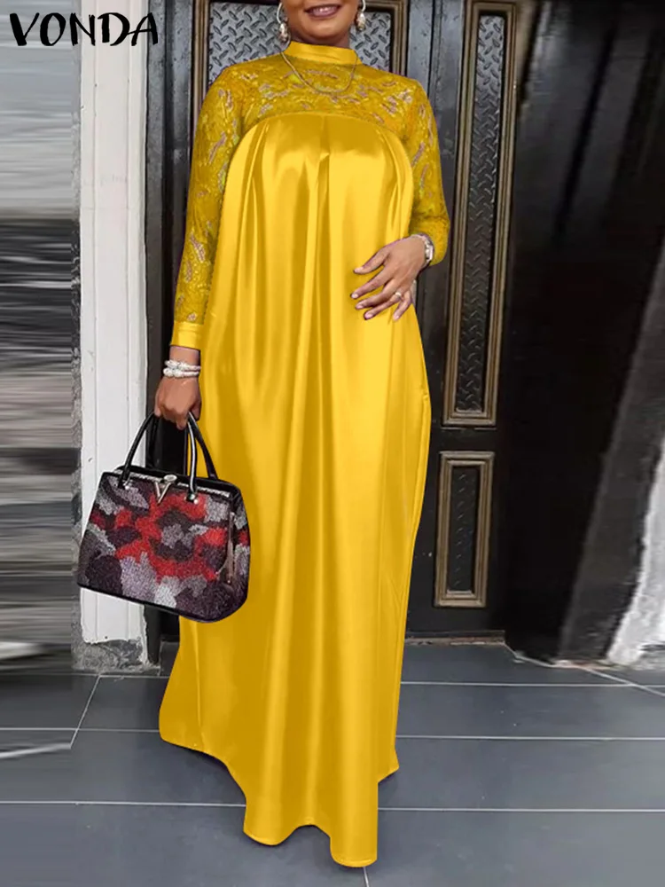 thumbnail image 1 of Plus Size 5XL VONDA Elegant Women Lace Patchwork Satin Maxi Dress 2025 Autumn Long Sleeve Stand Collar Long Dresses Casual Robe, 1 of 5