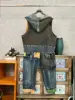 LYUZHE 2025 Summer New Women Sets Contrasting Colors Distressed Denim Sets Patchwork Hooded Vest Ankle-Length Pants Sets HLX060B 3