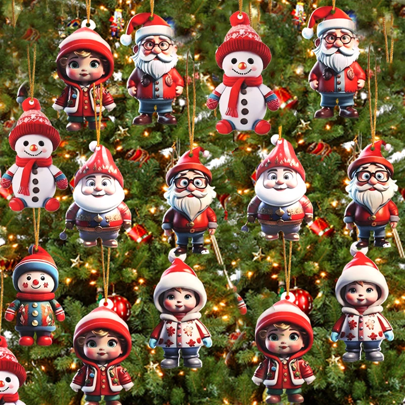 Christmas Character Pendant Acrylic Flat Pattern Santa Claus Boys and Girls Xmas Tree Hanging Car Interior Decoration Pendants