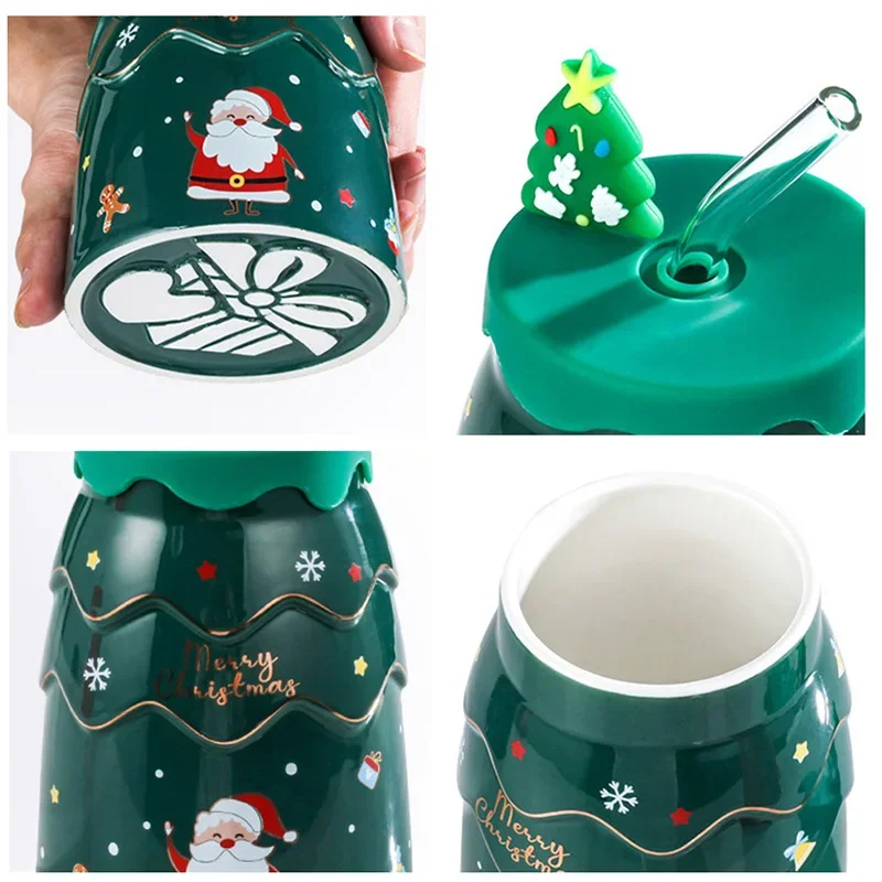 Ceramic Christmas Mug with Lid and Straw for Hot Beverages