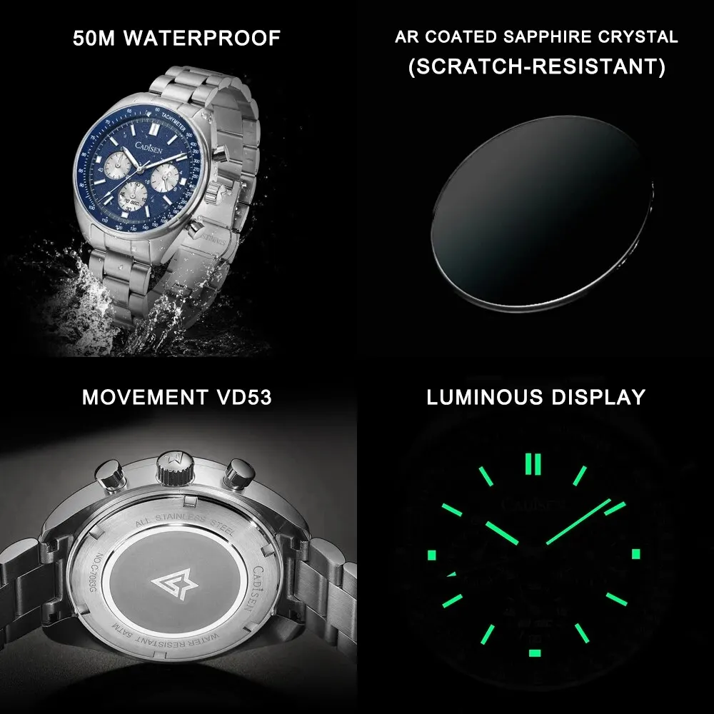 CADISEN 2024 New Men Watches Quartz Business Watches Japan VD53 Mens Clock Top Brand Luxury Watch Men Chronograph Watch for Men