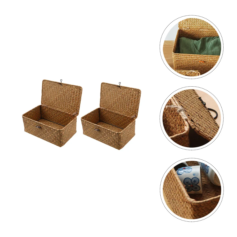 

2 Pcs Shelf Storage Basket Woven Literature and Container Organizer Natural Seaweed Case
