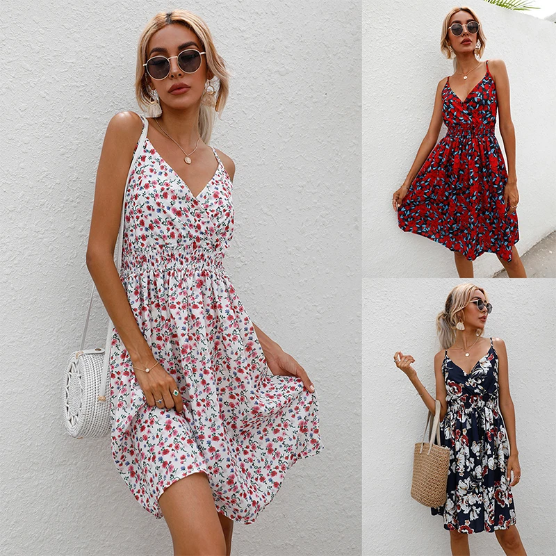 

Summer Strap Print Waist V-Neck Dress vestidos de noche juveniles