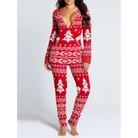Fashion Women's Snowflake Elk Print Button Front Slim Jumpsuit Sexy Long Sleeve V-Neck Adult Onesie for Sleepwear - Image 3
