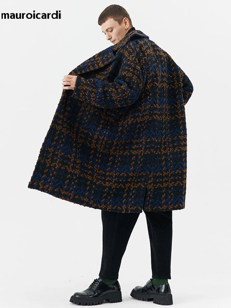 Mauroicardi Autumn Winter Long Loose Stylish Cool Thick Warm Plaid Tweed Woolen Coat Men Double Breasted European Fashion 2023 2