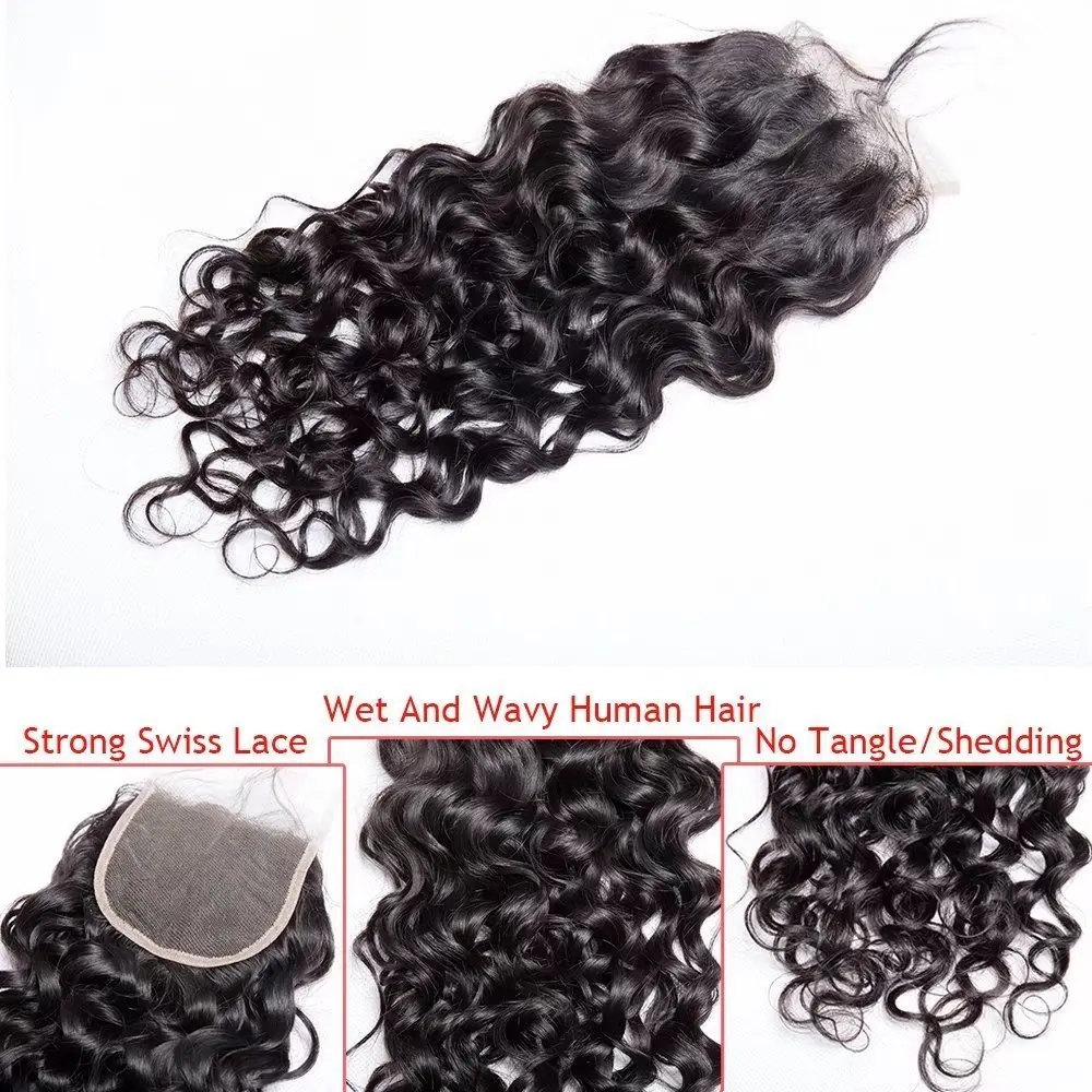 Feixes de Cabelo Malaio com Fecho para Mulheres Bonitos com Onda de Água Pacotes e Fechamento Humano Presentes Swiss Rendas Cabelo Macio 4x4 6 Computers & Electronics