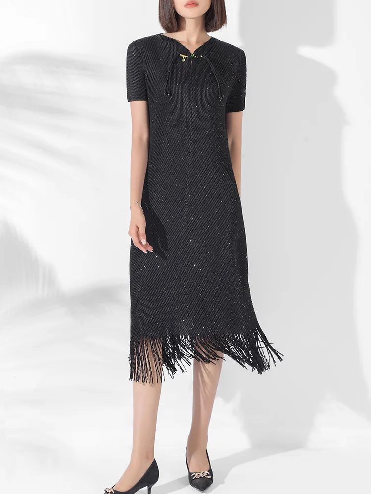 MIYAKE new Chinese style temperament slimming women's style wearing high-end mid to long qipao tassel dress [0690]