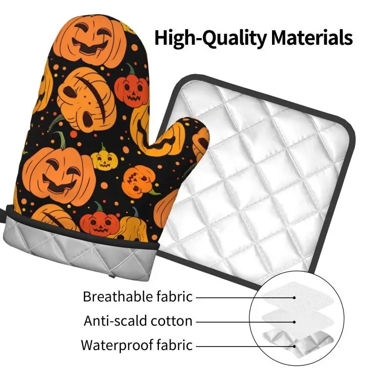 Halloween Pumpkin Oven Mitts and Pot Holders Sets Heat Resistant for Baking BBQ Cooking Holiday Decor