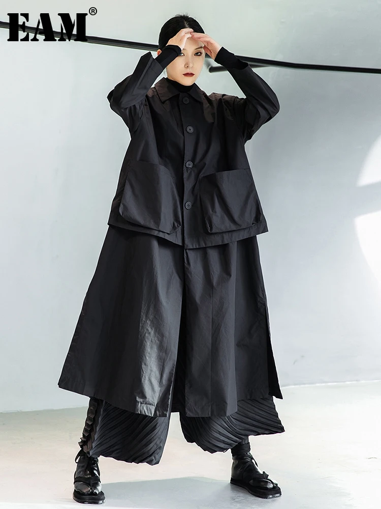 EAM-Women-Black-Big-Size-Long-Pocket-Trench-New-Lapel-Long-Sleeve-Loose ...