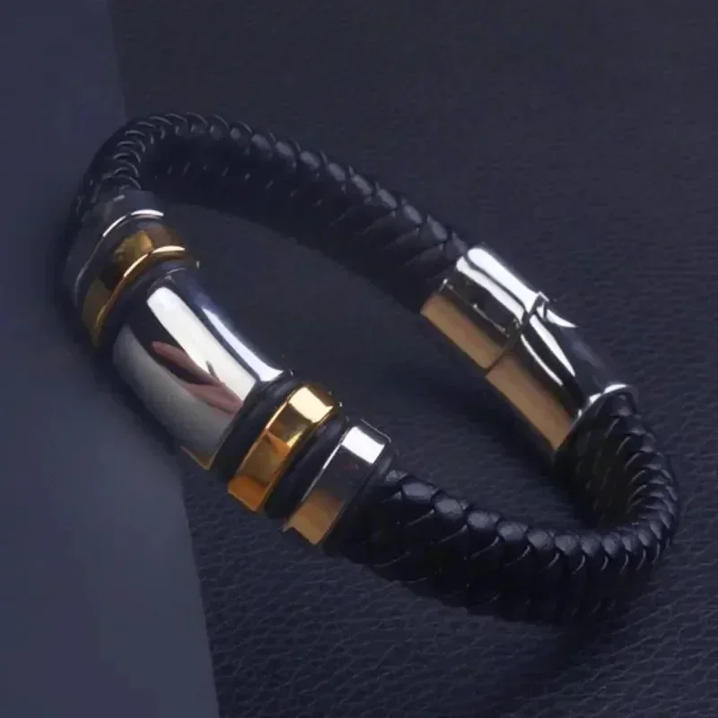 Hand Braided Leather Stainless Steel Magnetic Buckle Bracelet Men's Charm Fashion Casual Jewelry Gift