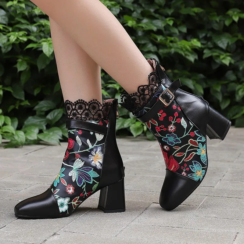 

Plus Size 34-48 Sweet Print Fashion Ankle Boots Women Round Toe Back Zipper High Heels Floral Party Shoes Warm Plush Boots Pink
