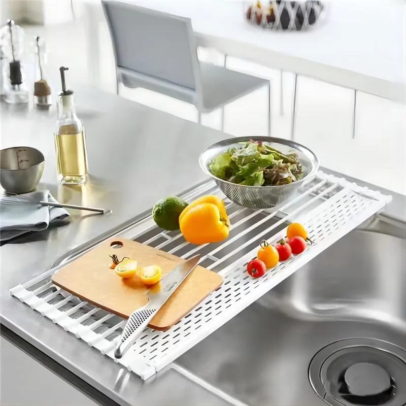 

Kitchen sink drain rack foldable vegetable wash basin drain basket Kitchen sink storage bowl rack roller shutter drain pad rack