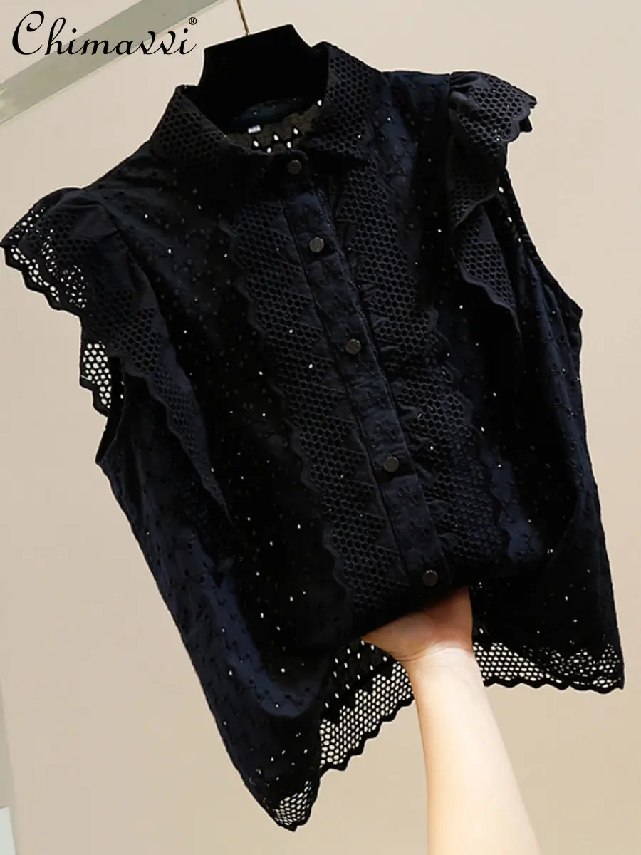 

Fashion Hollowed-out Sweet Shirts Wooden Ear Stitching Single-Breasted Sleeveless Blouse Women Summer New Loose Graceful Blouses