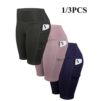 1/3 PCS Women Yoga Shorts with 3 Pockets Solid Color Fitness Cycling Shorts Stretch High Waist Butt Lifting Workout Tight 1