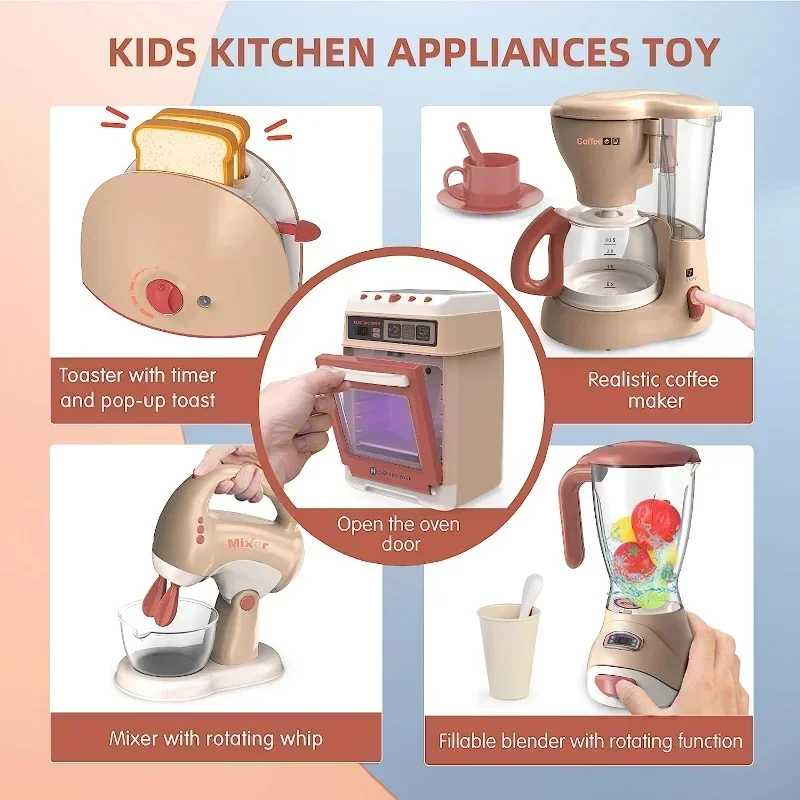 Kids Kitchen Appliances Toy Pretend Play Kitchen Accessories Blender Coffee Maker Mixer Toaster Vacuum with Sounds & Light kitchen toys pretend kitchen toys