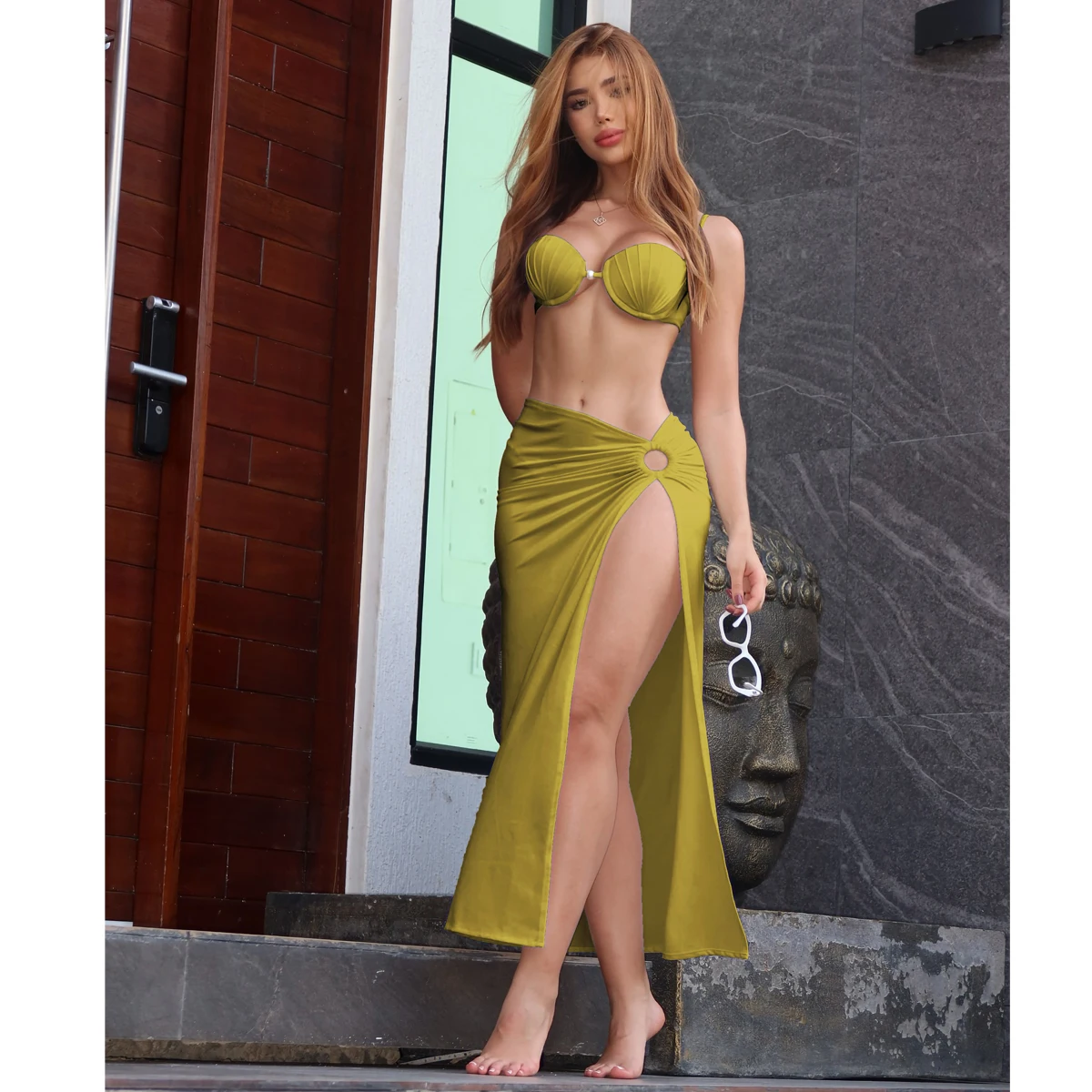 Swimsuit 3 Pcs Set with Tassel Skirt Bikini Women Swimsuit Button High Waist Swimwear Bathing Suit Beachwear Biquini