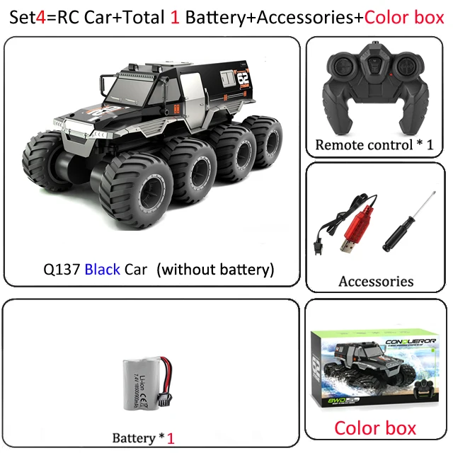 Q137 Remote Control Amphibious 8-wheel Off-road Vehicle (Single Battery),  Full Body Waterproof, 360°rotation And Drift, Pressure-resistant Rubber Tire