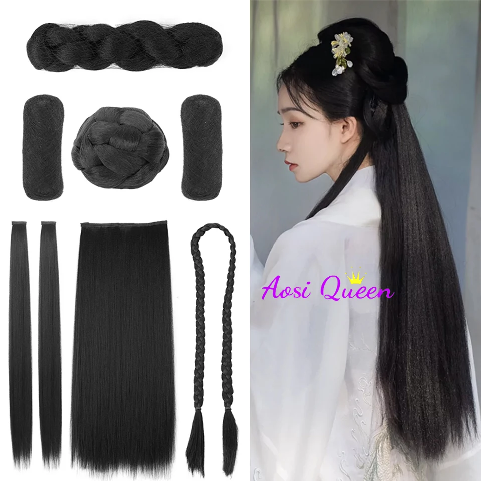 AOSI Synthetische Chinesischen Traditionellen Hanfu Perücke Haar Brötchen Retro Schwarz Chignon Gefälschte Alte Chinesische Haar anzug Brötchen Prinzessin Cosplay