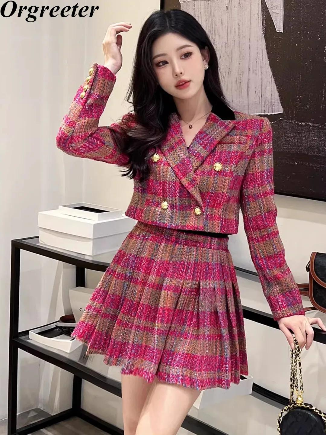 

Preppy Style Plaid Woolen Two Piece Set for Women Korean Fashion Short Jacket Coat + Pleated Skirt 2 Piece Sets Outfits Female