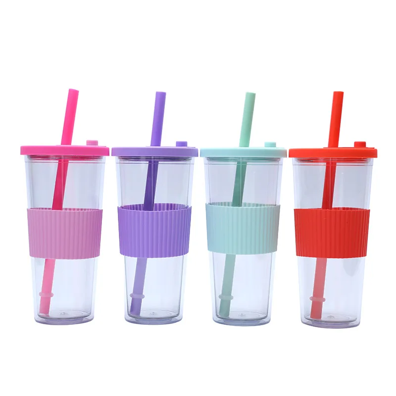 Reusable Double-layer Plastic Coffee Cup With Straw And Sleeve_voghion.com