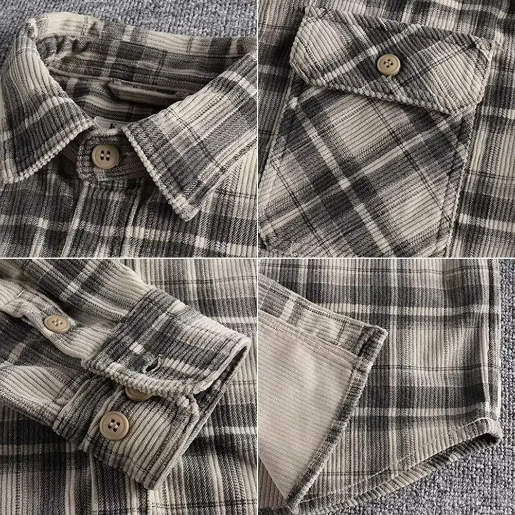 Fashion Vintage Men Classic Long Sleeve Plaid Shirts Lapel Collar Pocket Washed Corduroy All-Match Shirt Coat Tops Man Clothes