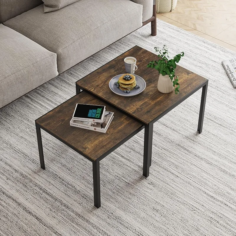 

Smuxee Nesting Coffee Table Set of 2, Square Modern Stacking Table with Wood Finish, Industrial End Table Side Tables for Living