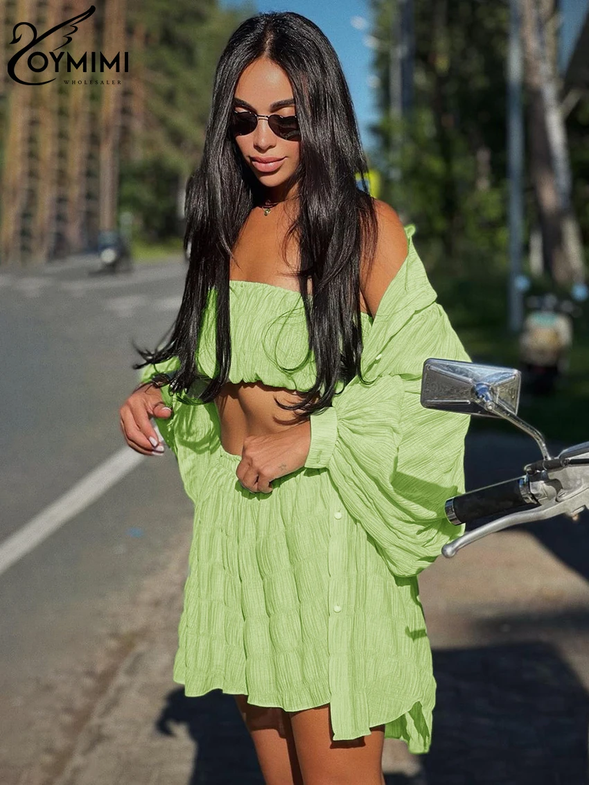 Oymimi Casual Loose Green 3 Piece Sets Women Outfit Fashion Long Sleeve Top + Tube Top Matching High Waist Shorts Set New In