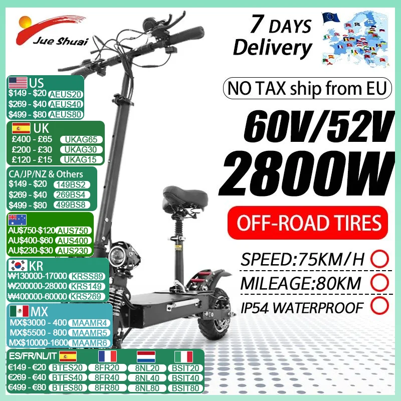 Electric Scooter 75KM/H 60V Dual Motor 3200W 10 inch Fat Tire Foldable