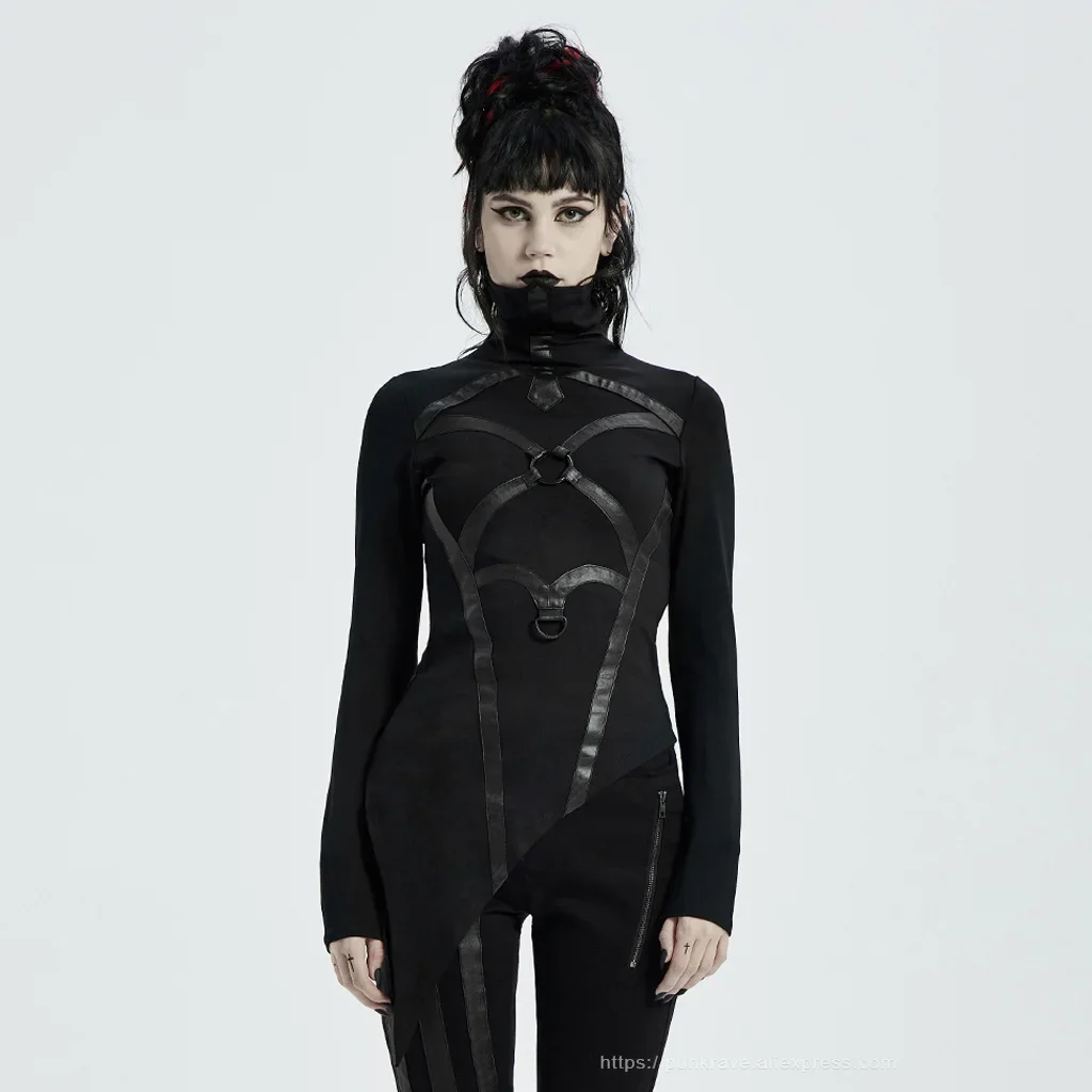PUNK RAVE Women's Punk High Neck Church Architectural Structure T-shirt Tight Elastic Stage Performance Long Sleeve Black Tops