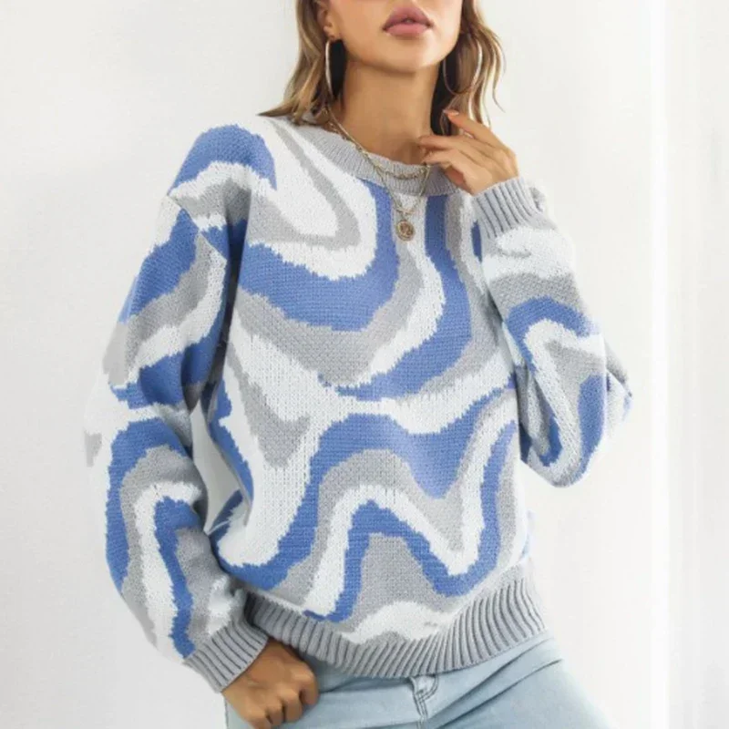 

Autumn Vintage Striped Pullovers Sweater Woman Fashion Long Sleeve O Neck Knitted Sweater Casual Loose Tie-dyed Knitwear 29385