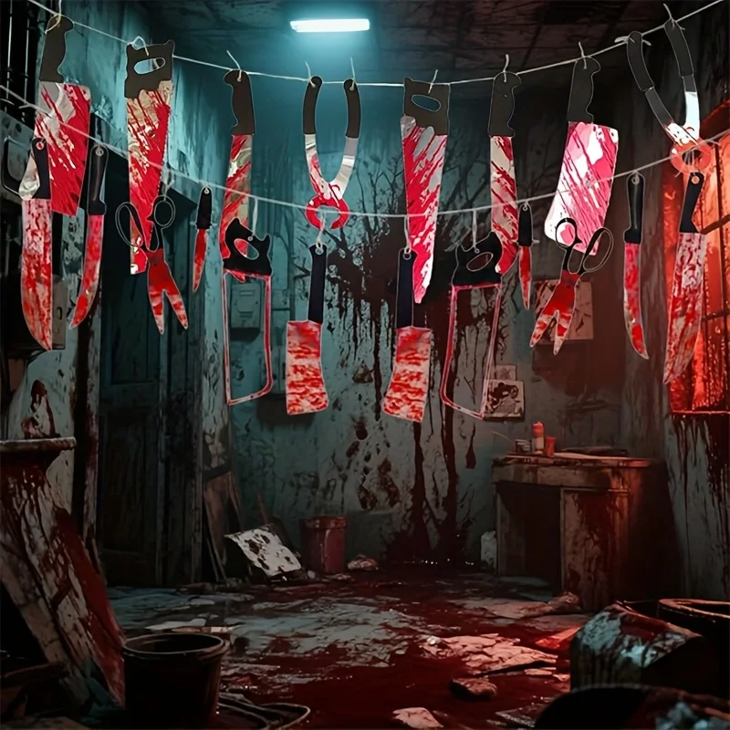 Halloween Bloody Knife Banner  Horror Hanging Decoration Halloween Bar Club Zombie Vampire Party Decorations Supplies