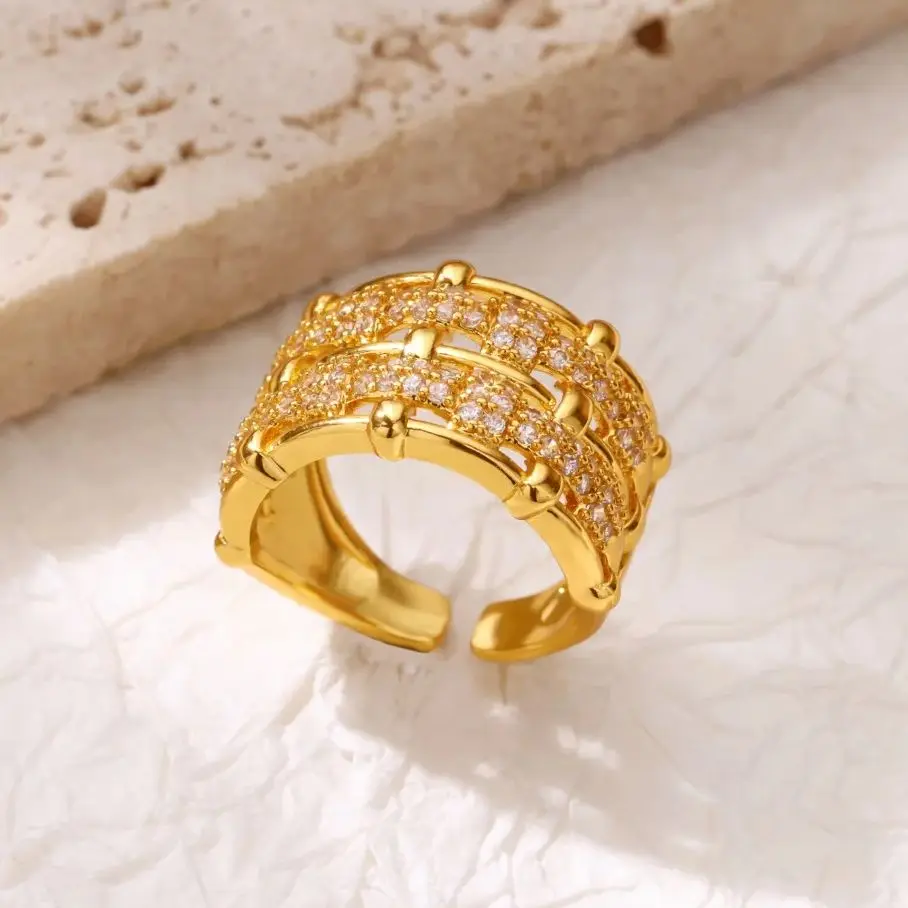 Zircon Multi-layer Bamboo Adjustable Rings Stainless Steel Women