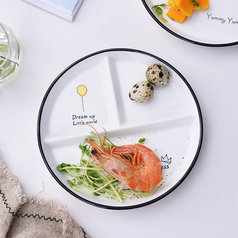 One Person Vegetable Plate Home Ceramic Cartoon Children's Divided Plate Three Panel Breakfast with Separate Dishes