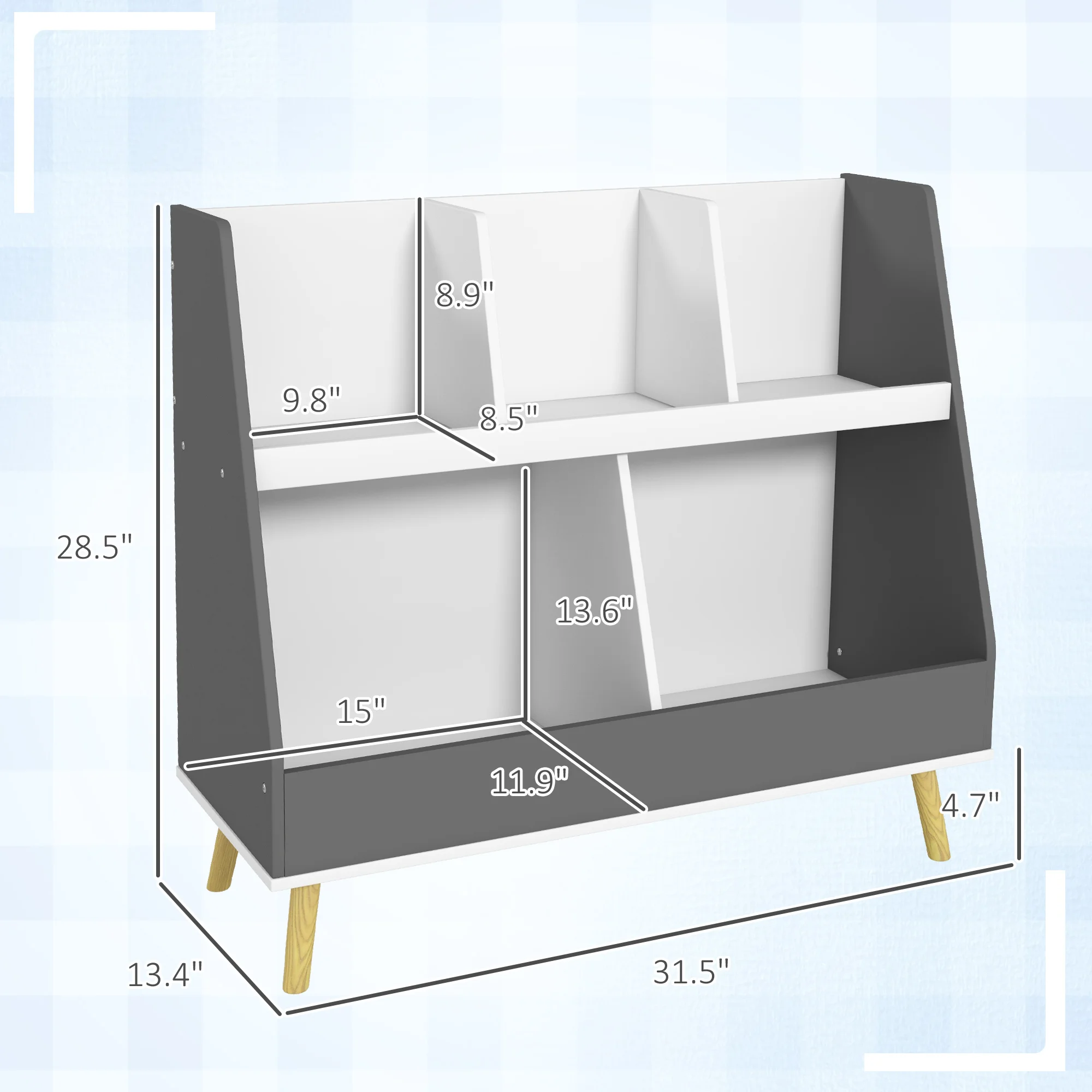 2 Tier Kids Bookcase Toy Shelf with 5 Compartments, Gray 3