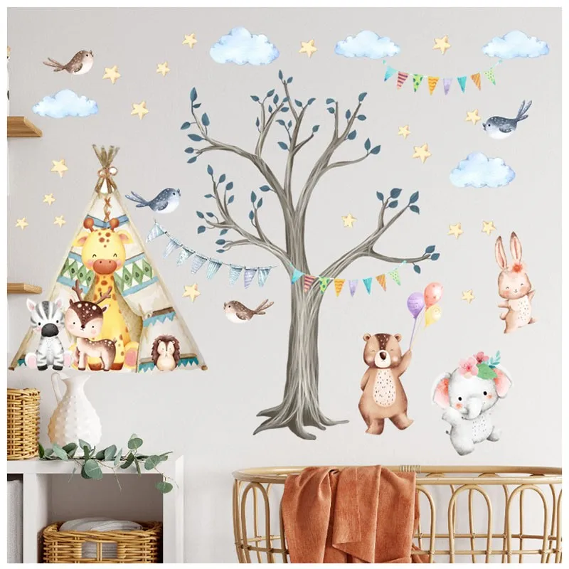4pcs Hand Painted Tree And Bear Forest Animal Cartoon Wall Sticker Background Wall Decoration Self-adhesive Mural Wall Sticker