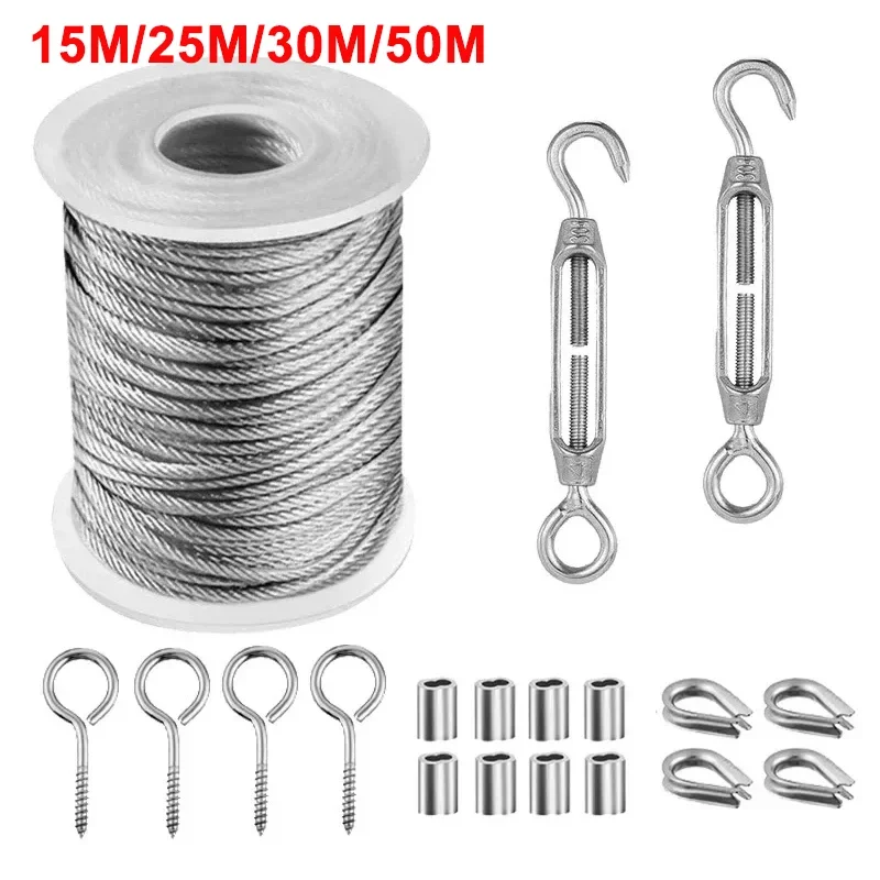 Turnbuckle Wire Tensioner Kit 15/25/30/50 Meters Vinyl Coated Stainless Steel Cable Wire Rope Turnbuckles Strings Light stainless steel wire rope steel wire rope