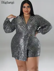 Plus Size Autumn Sequin Short Jumpsuit Women Blazer Suit Long Sleeve Ladies Jumpsuits Bodycon Fashion Bling Woman Playsuits 2023
