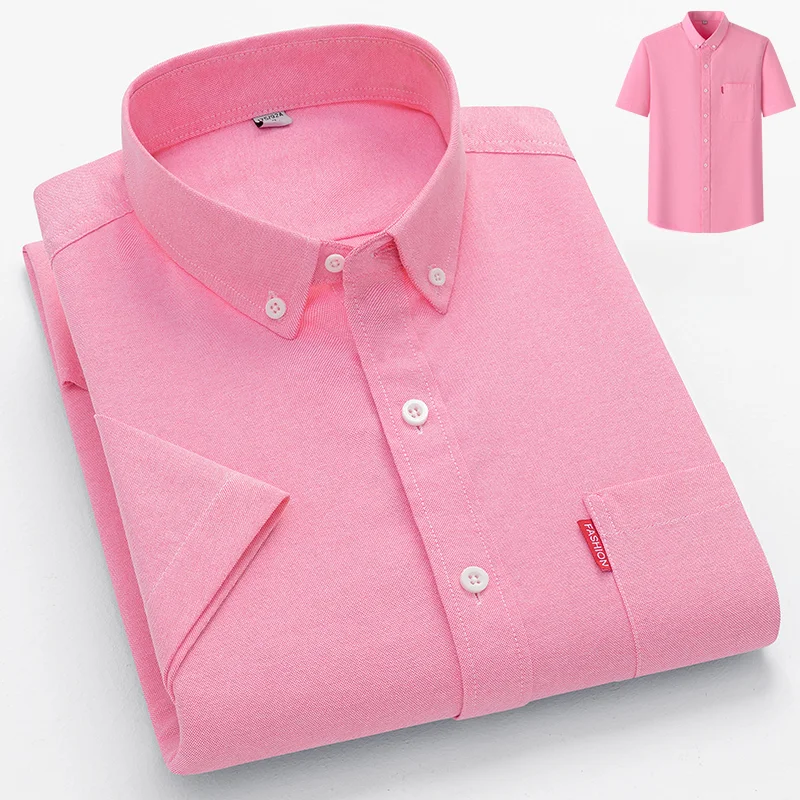 100% Cotton Basic Shirt for Men Short Sleeve Summer Casual Solid Business Oxford Yellow White Regular Fit Social Man Clothing 4
