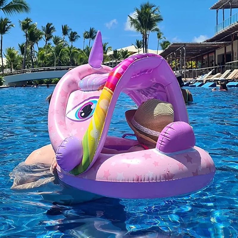 Baby Unicorn Swimming Float Ring Inflatable Infant Floating Removable Canopy Protection Sun Shelter Infant Summer Fun Pool Play Swimming Toys