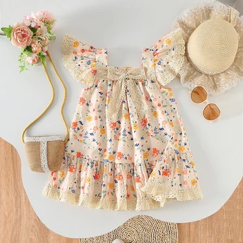 Girls Sleeveless Floral Print Lace Patchwork Princess Dress Toddler Baby Summer Fashion Casual Dress Fly Sleeve 4