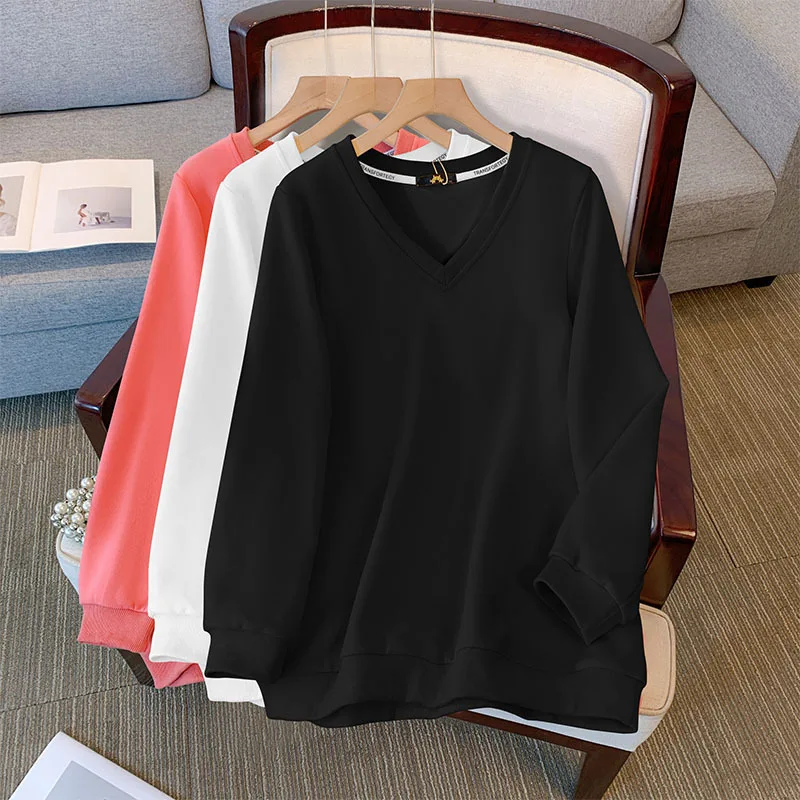 150Kg Plus Size Women\'s Bust 157 Autumn Spring Loose Solid Casual V-Neck Top Long Sleeve Sweatshirt 6XL 7XL 8XL 9XL 10XL