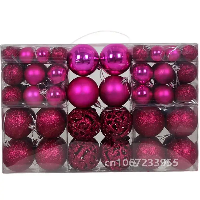 thumbnail image 1 of Juego de 100 bolas navideñas de 3, 4 y 6 cm en caja de PVC, brillantes, de color rosa mate, con bola colgante hueca para decoración de árbol de Navidad, 1 of 5