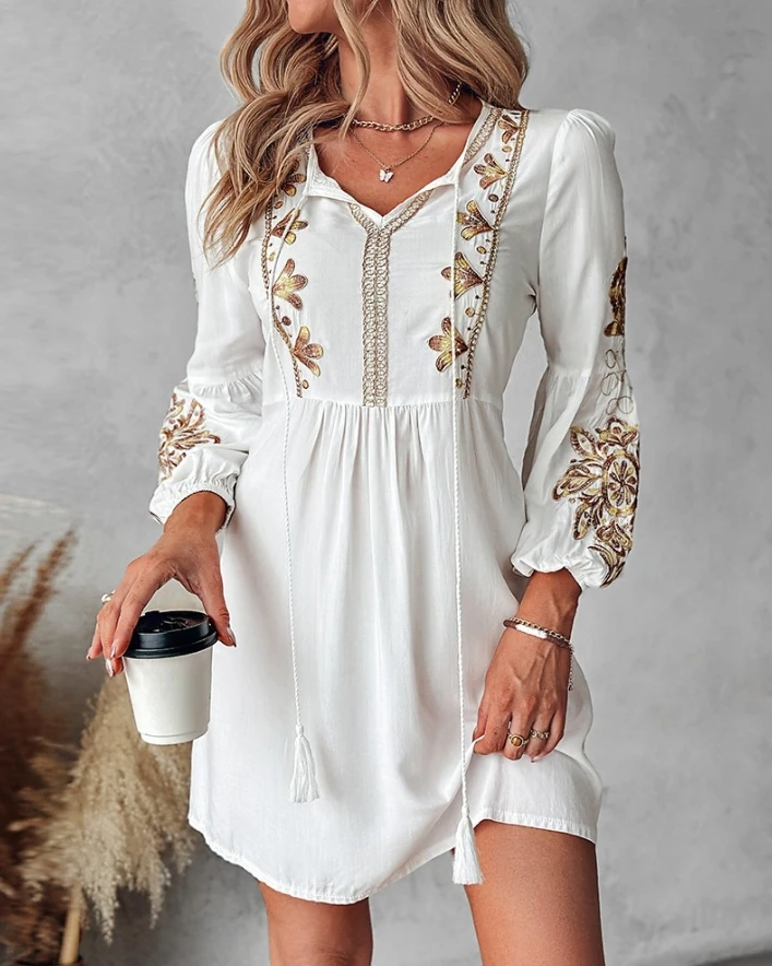 

Women Long Sleeve Dress Elegant Floral Embroidery Tied Detail Casual A Line Mini Dress 2024 Fashion Summer Vacation Dress