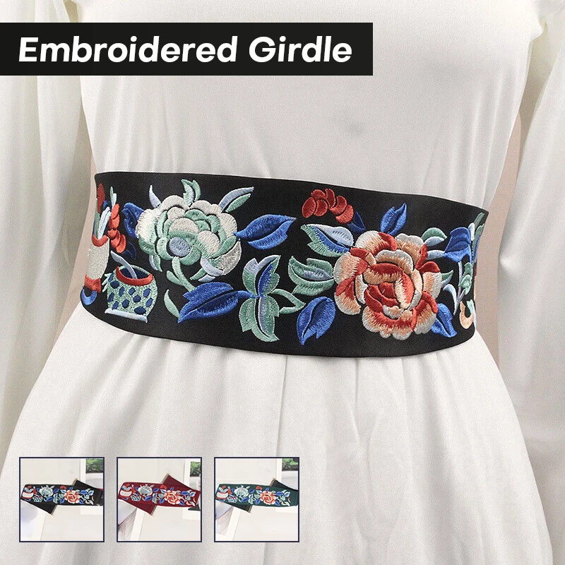 Japanese Traditional Kimono Belt Elastic Girdle Women Embroidery Waist Belt Retro Wide Belt Yukata Dress Floral Embroidery Obi women s retro hanfu decorative belt japanese ethnic style weaving tassel embroidered kimono waist belt dress waistband