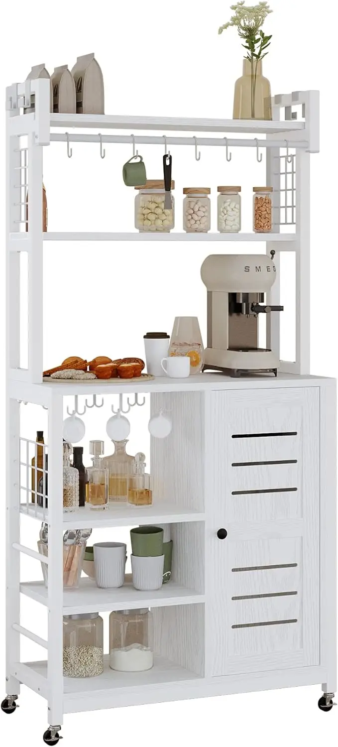 IRONCK Bakers Rack, Microwave Stand with Power Outlets, Kitchen Storage with Wheels & Feet, Coffee Station Cabinets