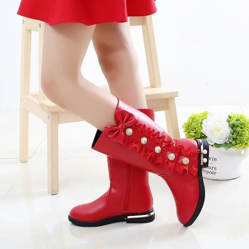 New 2024 Winter Children Snow Boots Fashion Bow Girls Princess Riding Boots Plus Velvet Kids High Boots Casual Shoes