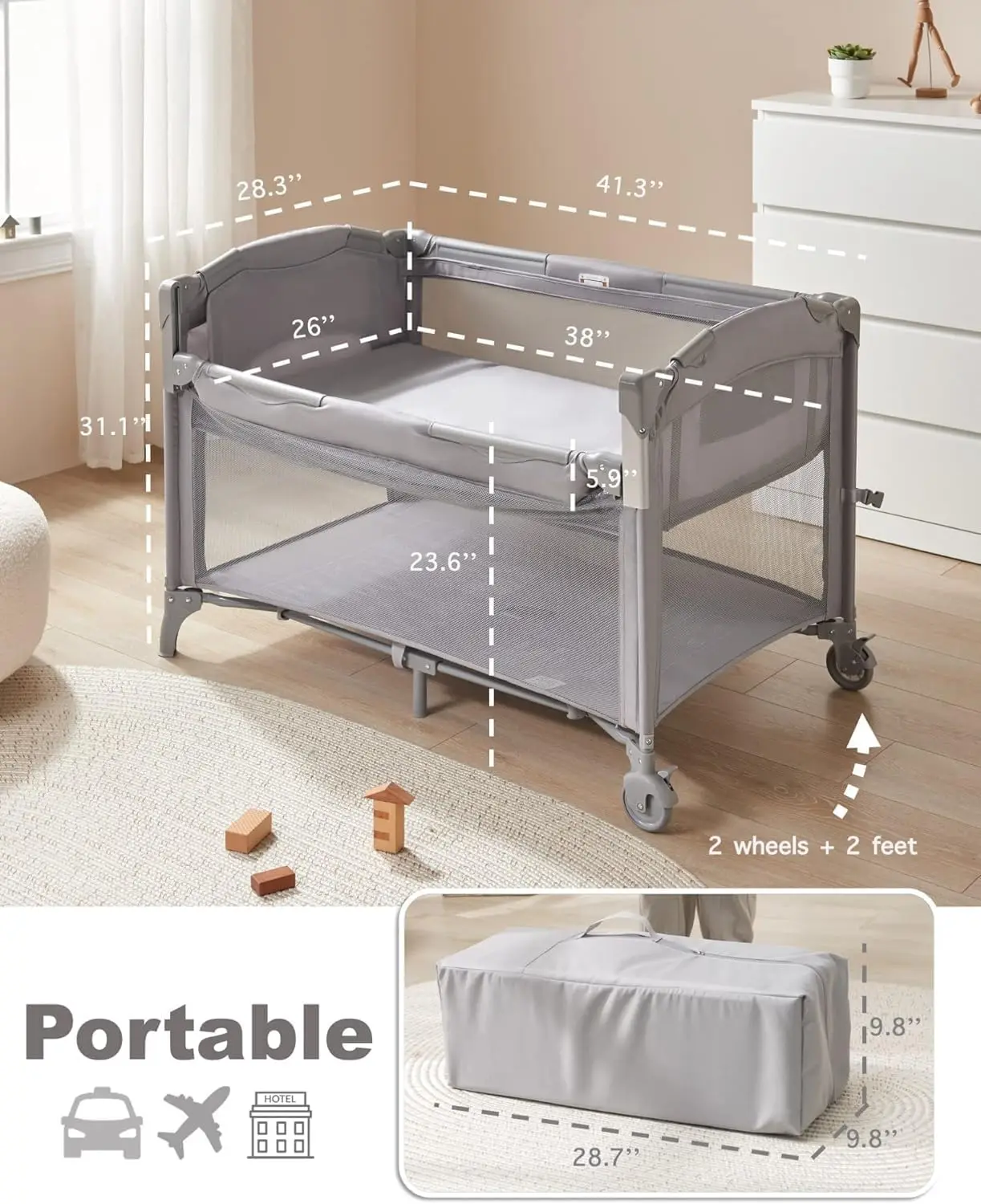 4 in 1 Baby Bassinet Bedside Sleeper, Baby Bedside Crib 4 Functions, Bedside Bassinet Crib Sleeper, Playard, Changing Table