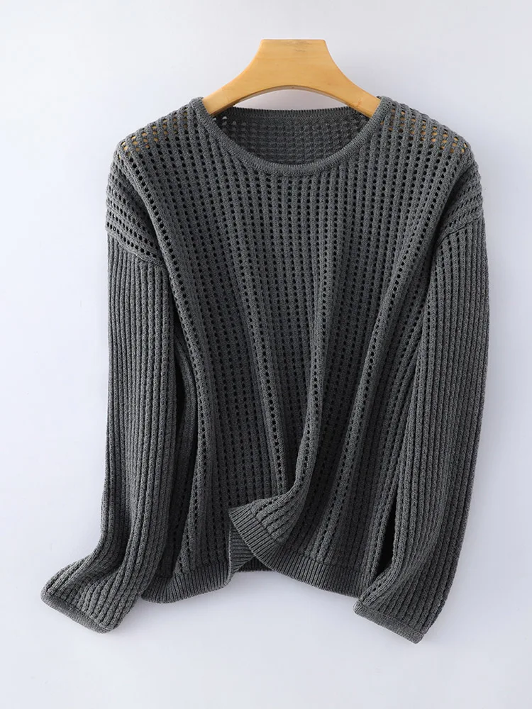 WinvyNee Spring Women Pure Cotton Pullover Sweaters Round O Neck Long Sleeve Solid Color Hollow Out Casual Knitwear ZA1092001