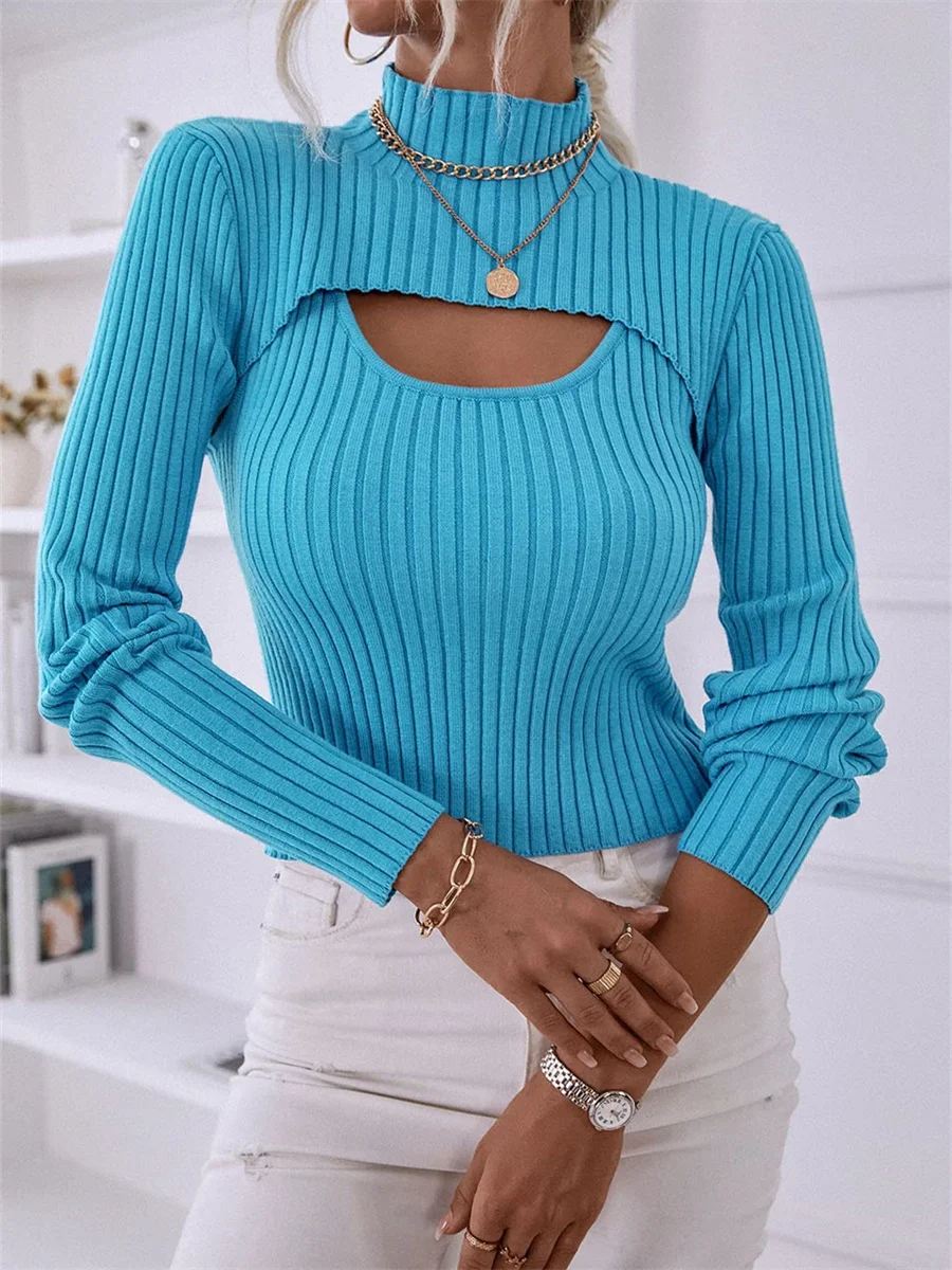 

Long Sleeve Crop Tops+Ribbed Sling Vest Knitwear 2023 Women Knit Two-Piece Sweater Set Autumn Fashion Office Lady High Neck Top