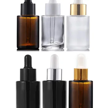 에센셜 오일 에센스 아이드롭 피펫 캡 리필 가능한 플랫, 프로스트 투명 앰버 라운드, 두꺼운 유리 스포이드 병, 30ml, 30 개